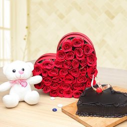 Heart Shape Arrangement With Heart Shape Cake & Teddy